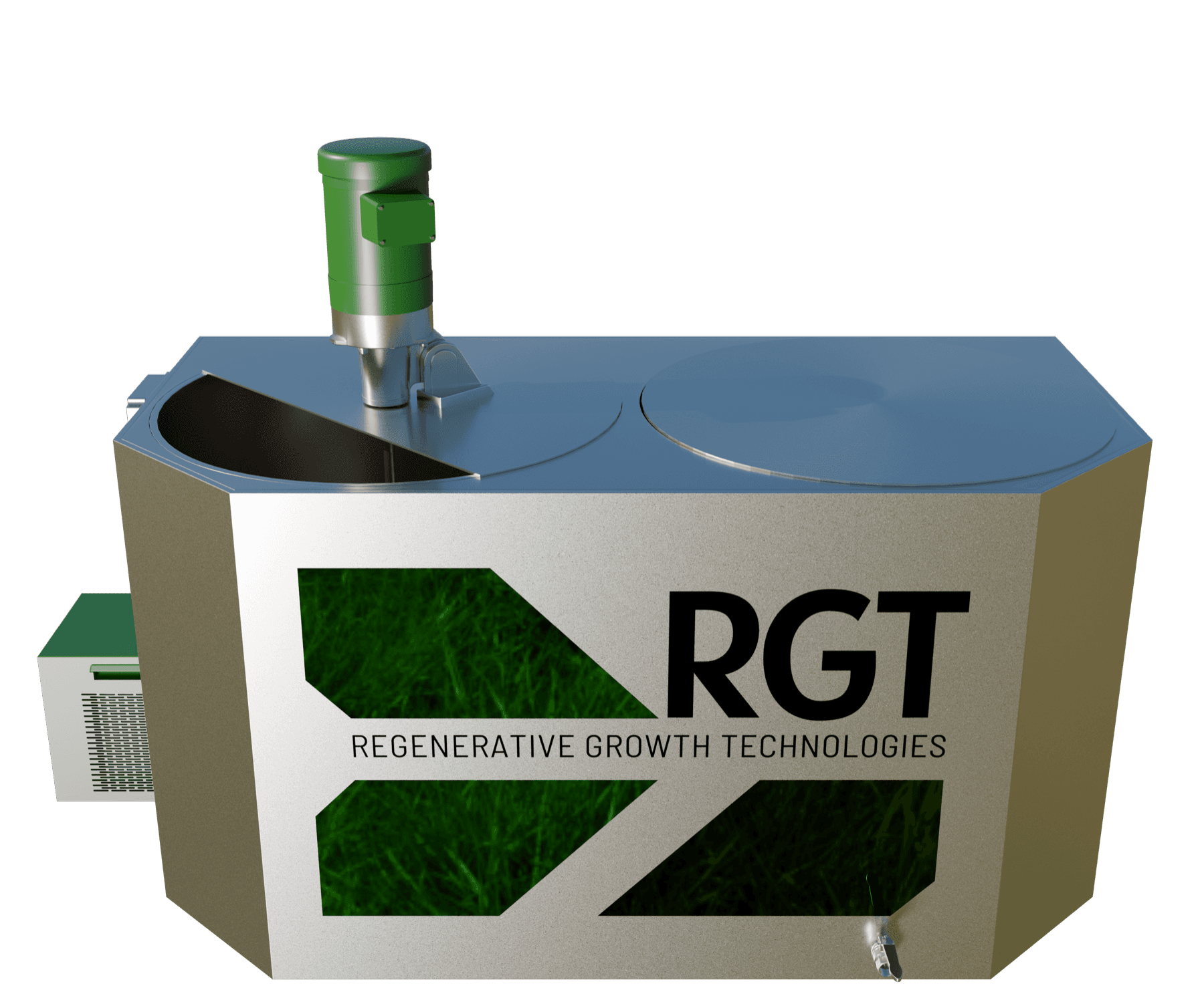 Render of the RGT Core: a stainless tank with a green motor and mixing shaft on top, a control box on the side, a hinged lid, and an outlet valve at the base.